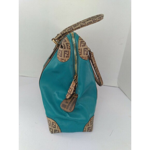 Fendi Monogram Turquoise Leather Tote Bag with FF Pattern Trim Designer Handbag - Picture 5 of 10
